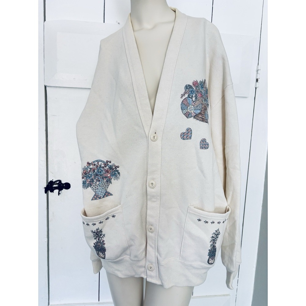 Vintage Jerzees Sweater Womens Large Cardigan Bird Floral Embroidered Beaded